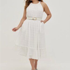 TORRID GOTH  BOHO HALTER RUFFLE TIERED MIDI DRESS  VOILE EYELET WHITE 2 2X 18 20